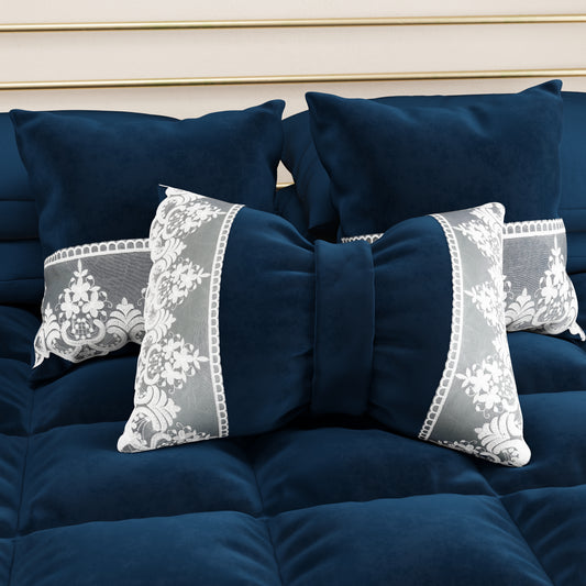 Cuscino Arredo Fiocco in Velluto e Balza con Pizzo Rebrodè 40x50 cm, Cuscino divano Blu By Sissy
