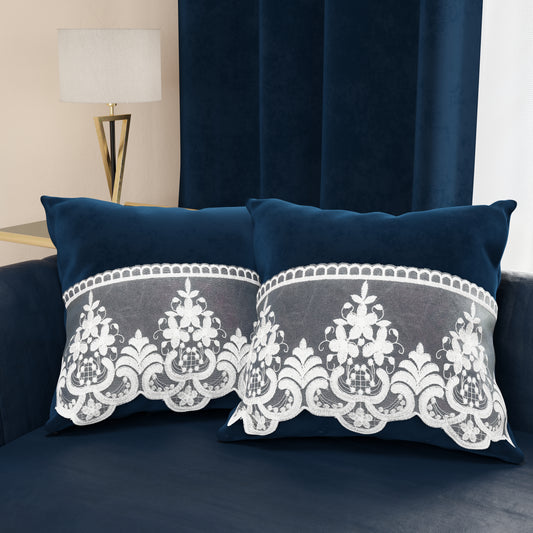Coussins décoratifs en velours avec volant et dentelle rebrodée 2pcs, coussins de canapé bleu par Sissy