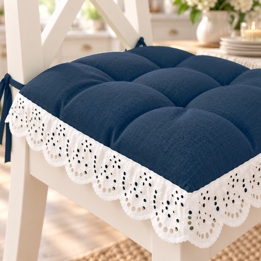 Cuscini per Sedie Quattro Punti in Tinta Unita Shabby Chic con Pizzo San Gallo Blu Notte