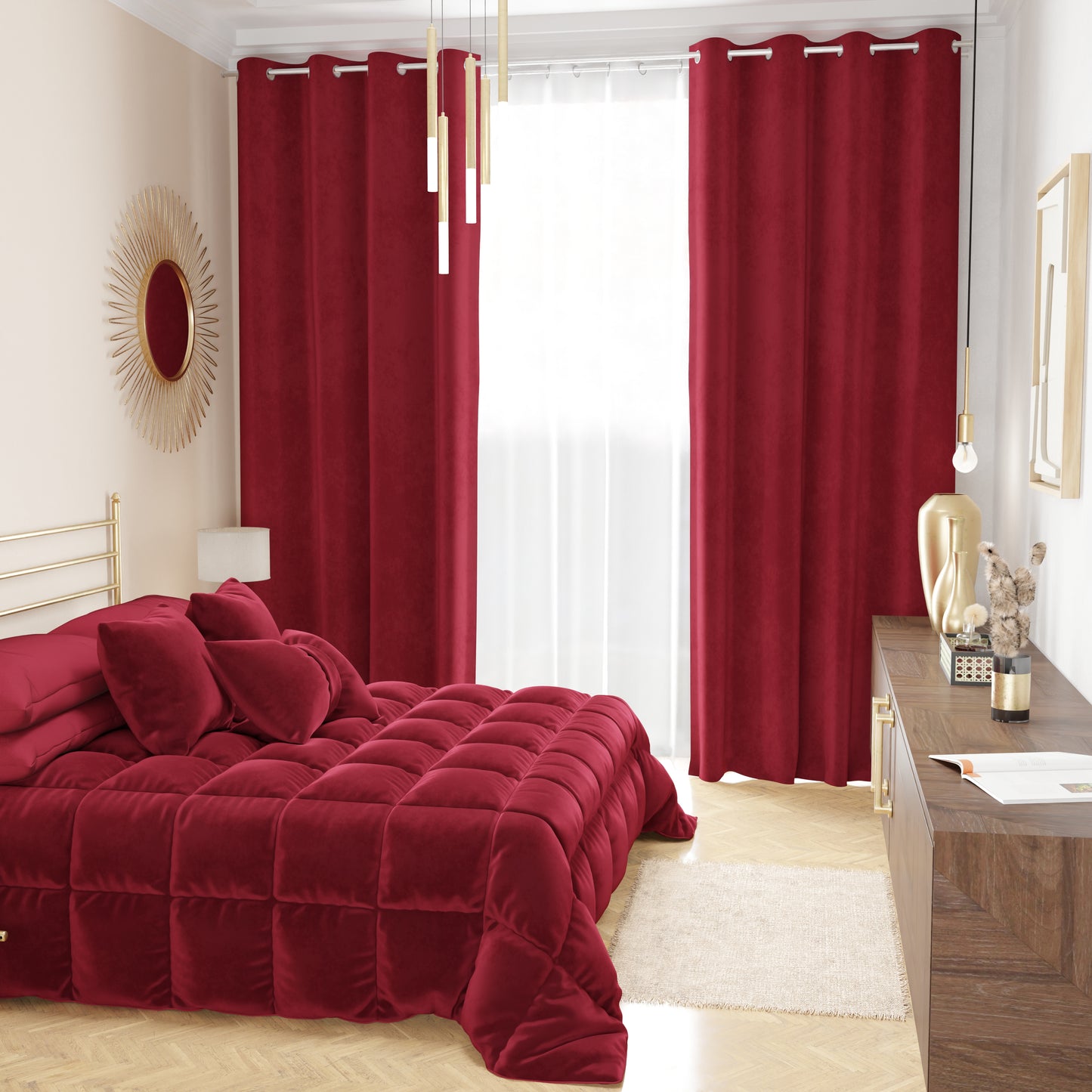 Rideau à Panneau en Velours pour Intérieur avec Anneaux, 140x280 cm, Bordeaux