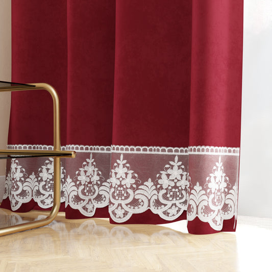 Tenda a Pannello in Velluto per Interni con Anelli e Pizzo Rebrodè, 140x280 cm, Bordeaux by Sissy