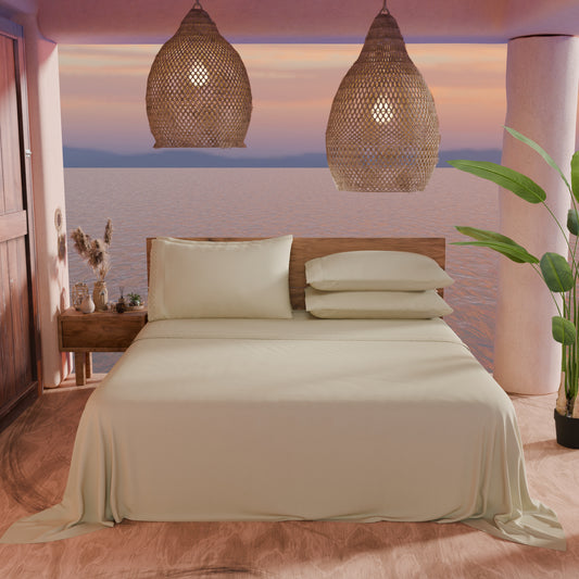 Draps doubles en pur coton percale avec volant en dentelle de San Gallo - Beige
