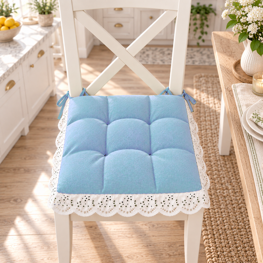Cuscini per Sedie Quattro Punti in Tinta Unita Shabby Chic con Pizzo San Gallo Celeste