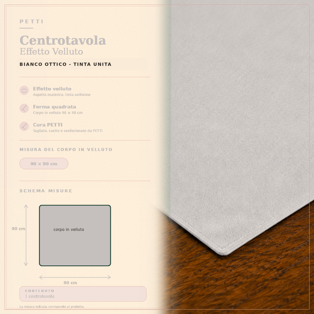 Centrotavola effetto velluto Bianco, 90 × 90 cm — scheda misure e contenuto