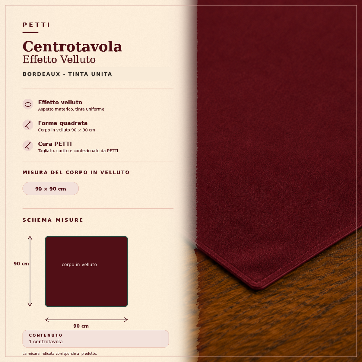 Centrotavola effetto velluto Bordeaux, 90 × 90 cm — scheda misure e contenuto