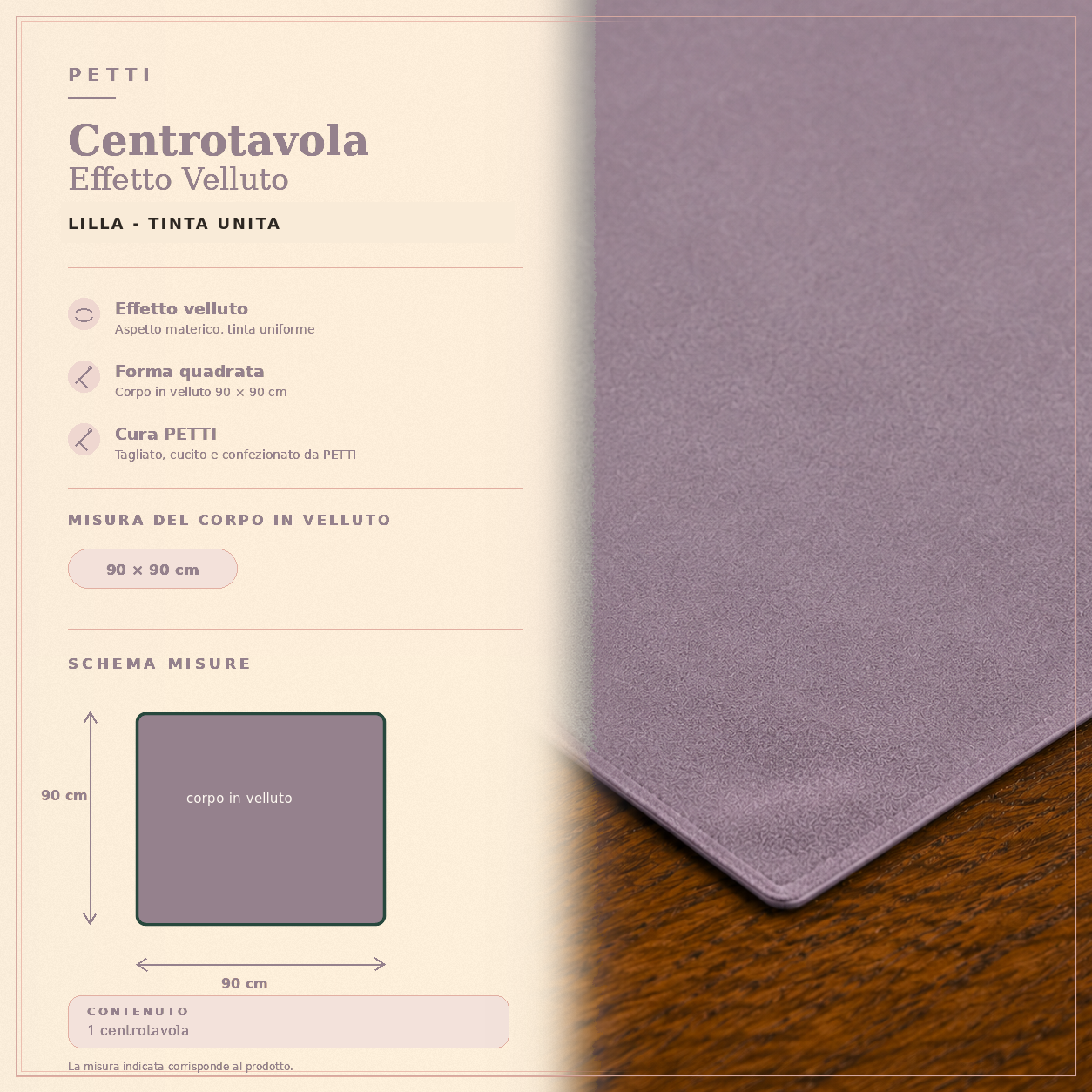Centrotavola effetto velluto Lilla, 90 × 90 cm — scheda misure e contenuto
