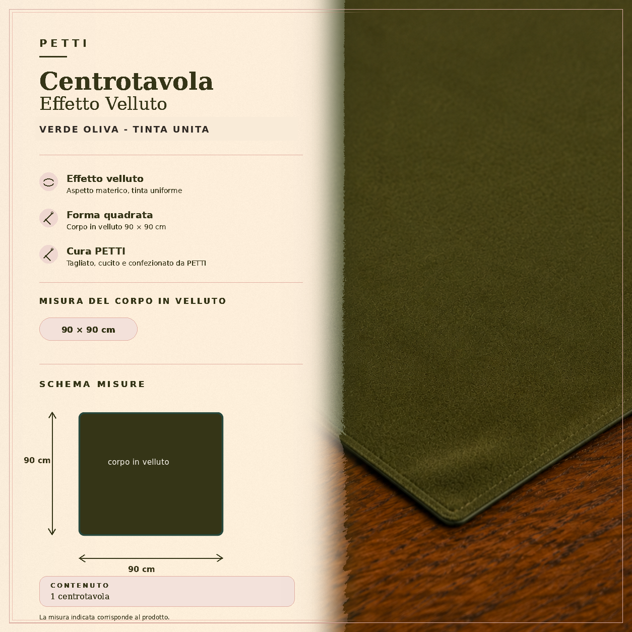 Centrotavola effetto velluto Verde Oliva, 90 × 90 cm — scheda misure e contenuto