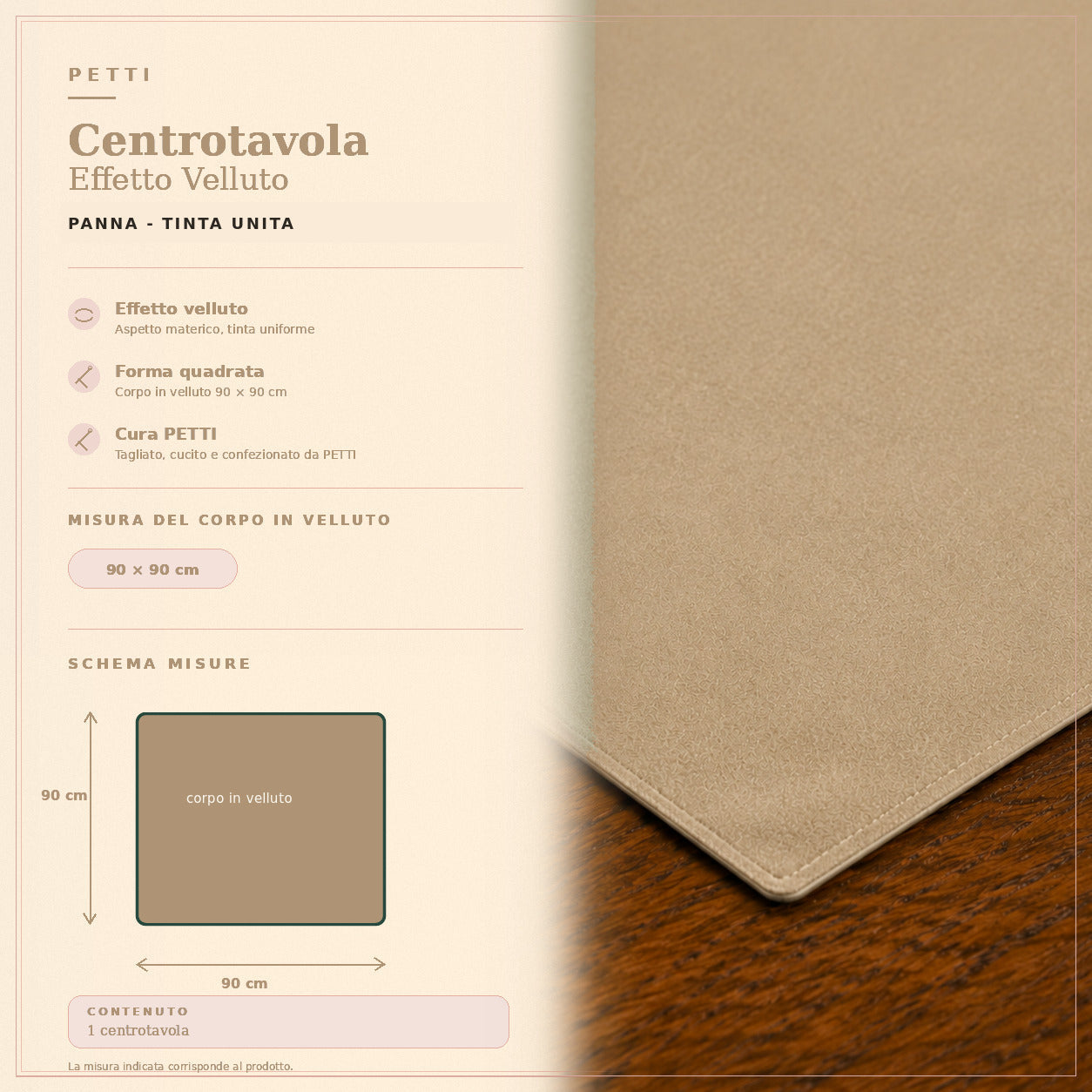 Centrotavola effetto velluto Panna, 90 × 90 cm — scheda misure e contenuto