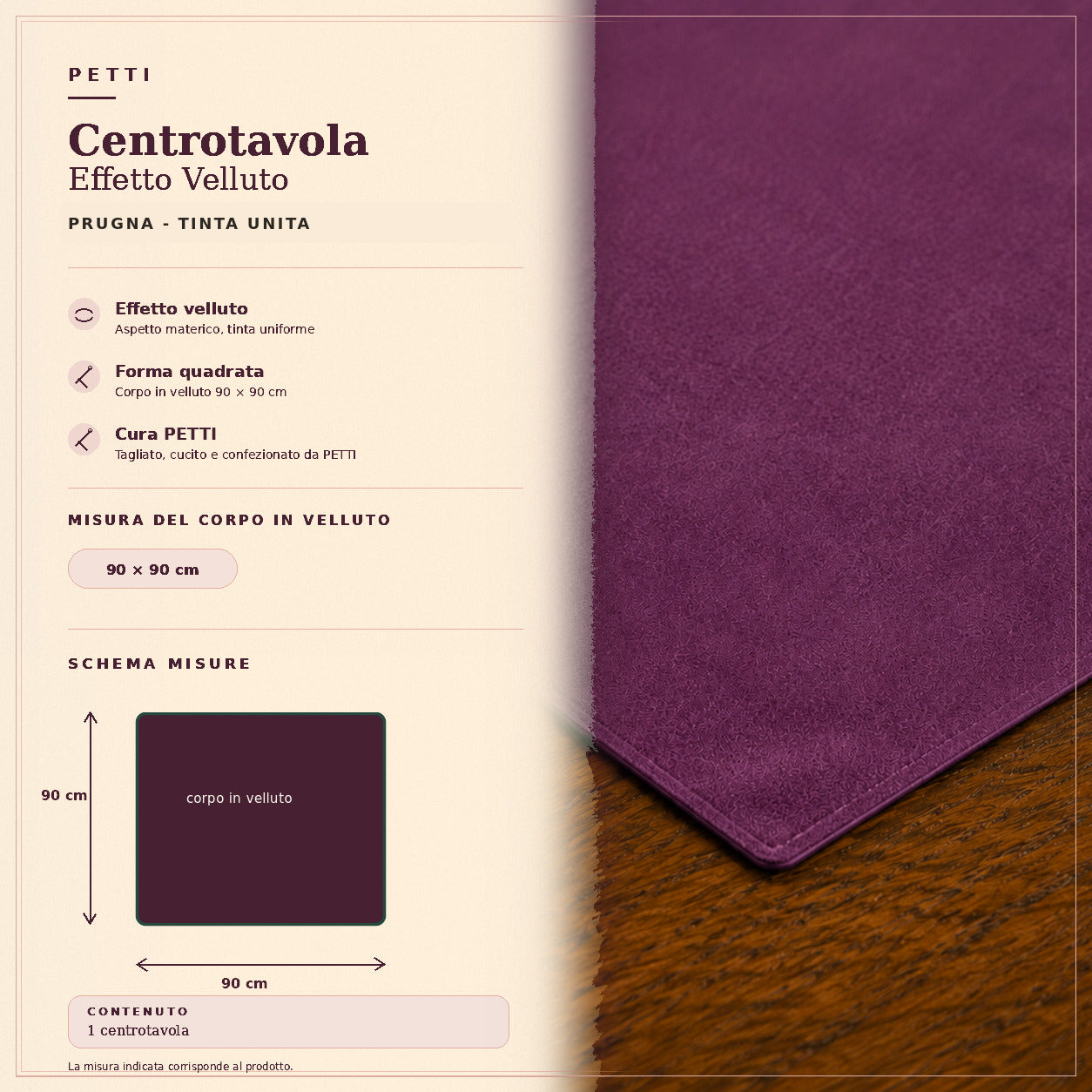 Centrotavola effetto velluto Prugna, 90 × 90 cm — scheda misure e contenuto