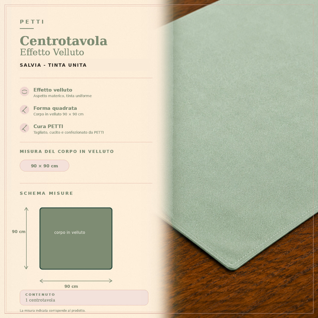 Centrotavola effetto velluto Salvia, 90 × 90 cm — scheda misure e contenuto