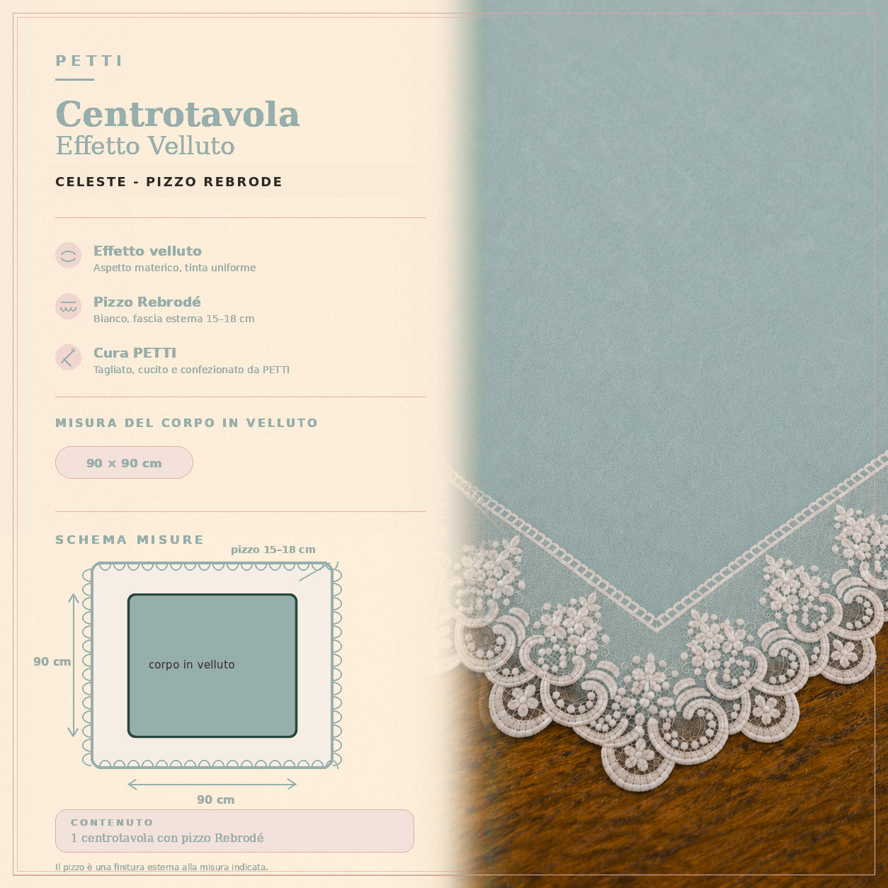 Centrotavola effetto velluto Celeste con Pizzo Rebrodé bianco, 90 × 90 cm — scheda misure e contenuto