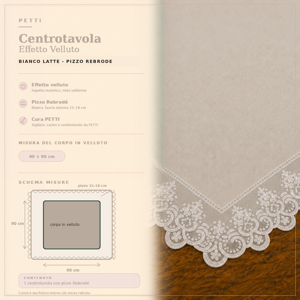 Centrotavola effetto velluto Bianco Latte con Pizzo Rebrodé bianco, 90 × 90 cm — scheda misure e contenuto