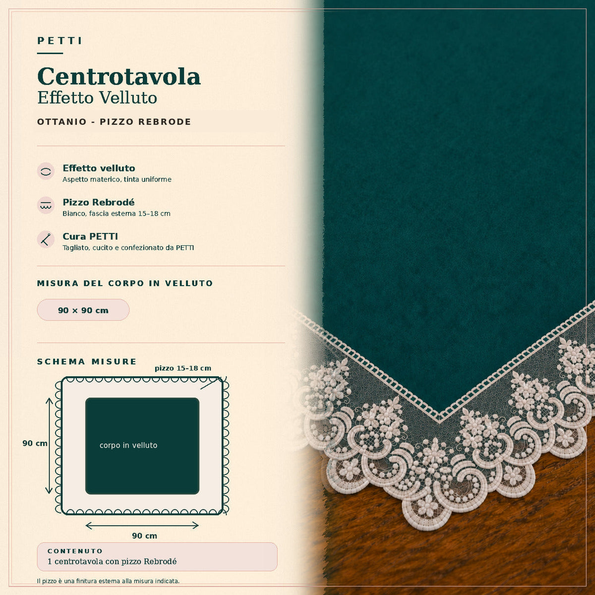 Centrotavola effetto velluto Ottanio con Pizzo Rebrodé bianco, 90 × 90 cm — scheda misure e contenuto