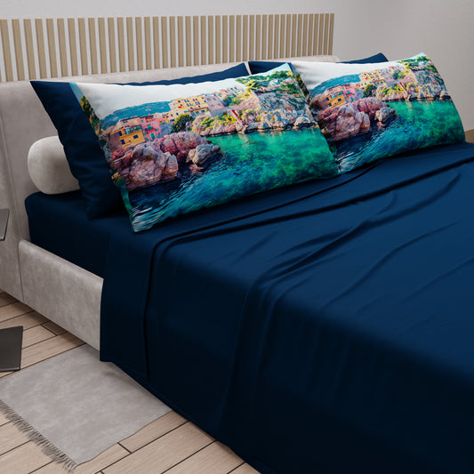 Draps en Coton, Parure de Lit avec Taies d'Oreiller en Impression Digitale, Sant'Elia - Sicile