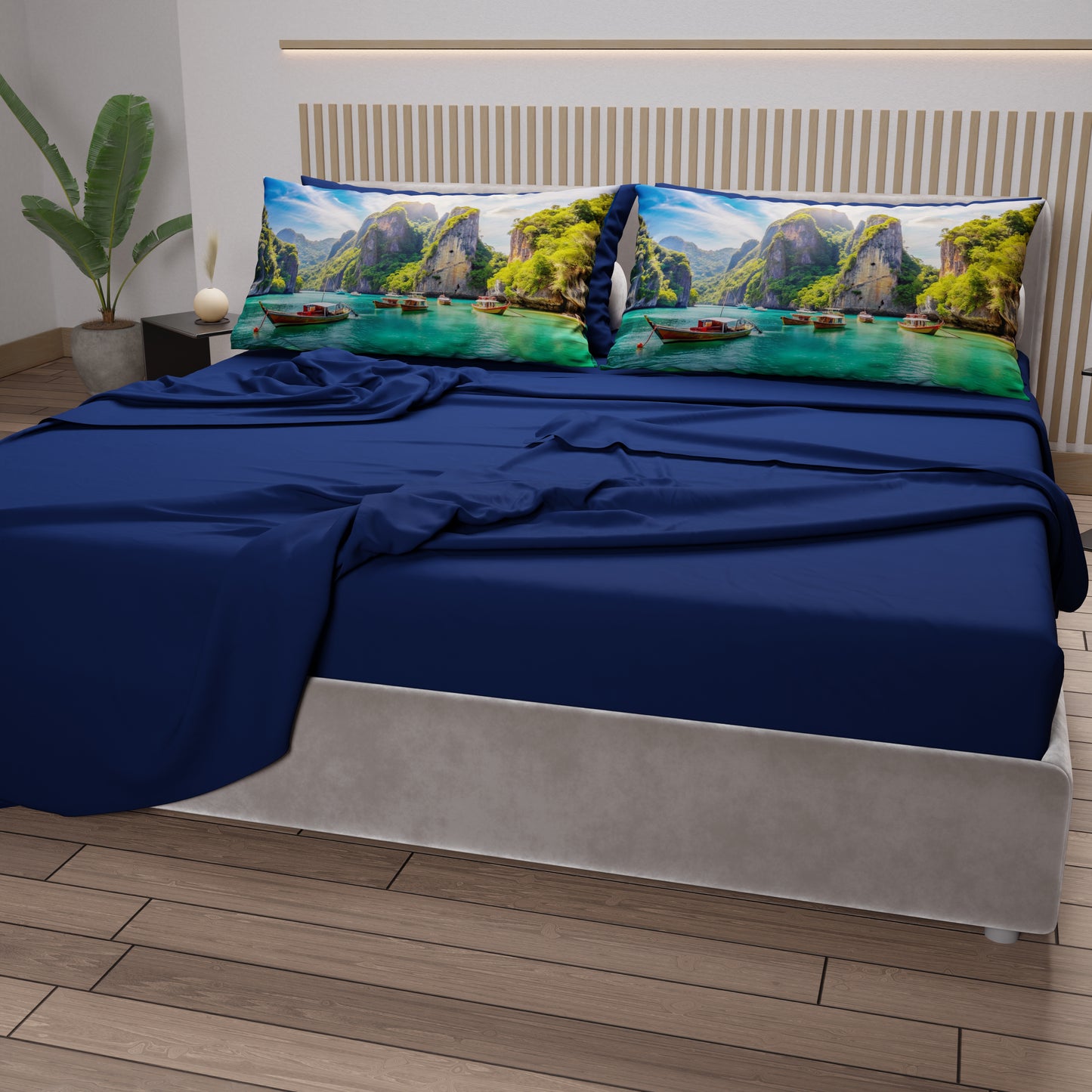 Draps en Coton, Parure de Lit avec Taies d'Oreiller en Impression Digitale, Phi-Phi