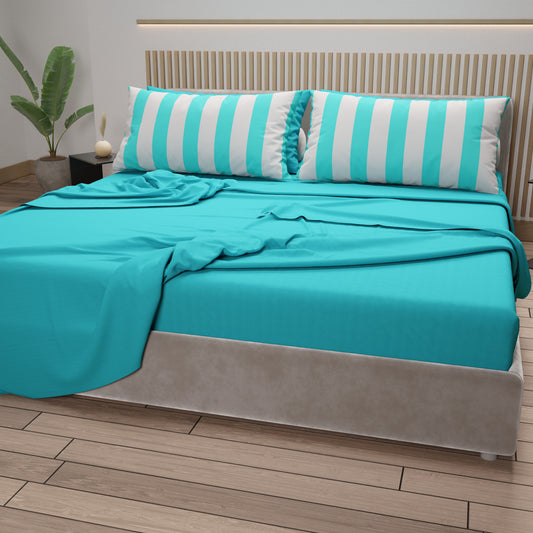 Lenzuola in Cotone, Completo Letto con Federe in Stampa Digitale Righe Bianco/Tiffany.