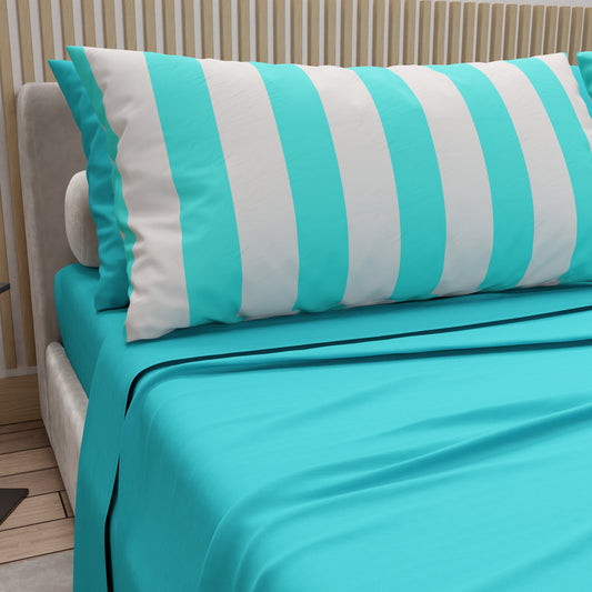 Lenzuola in Cotone, Completo Letto con Federe in Stampa Digitale Righe Bianco/Tiffany.