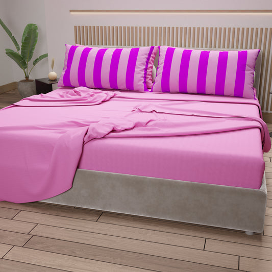 Lenzuola in Cotone, Completo Letto con Federe in Stampa Digitale Righe Viola/Rosa
