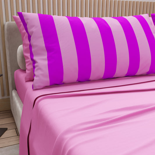 Lenzuola in Cotone, Completo Letto con Federe in Stampa Digitale Righe Viola/Rosa