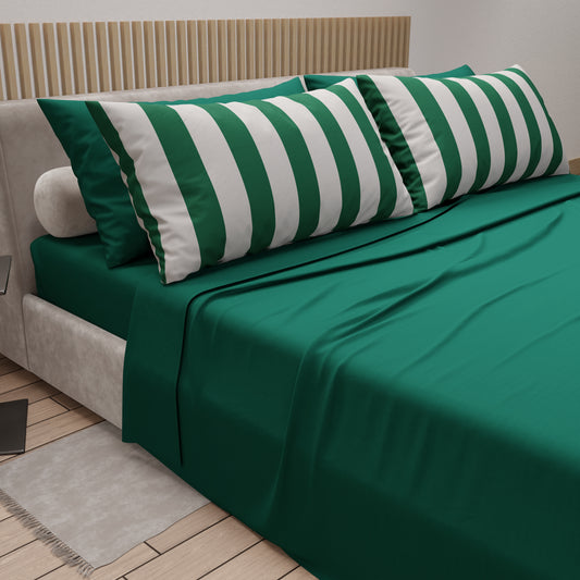 Lenzuola in Cotone, Completo Letto con Federe in Stampa Digitale Righe Bianco/Verde