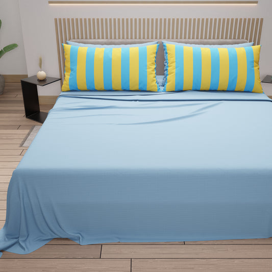 Lenzuola in Cotone, Completo Letto con Federe in Stampa Digitale Righe Giallo/Celeste