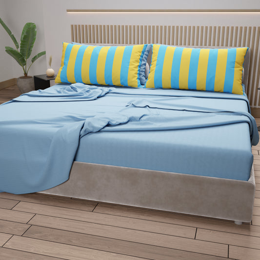 Lenzuola in Cotone, Completo Letto con Federe in Stampa Digitale Righe Giallo/Celeste