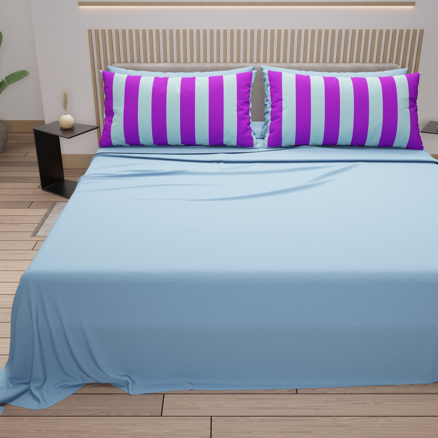 Lenzuola in Cotone, Completo Letto con Federe in Stampa Digitale Righe Viola/Celeste