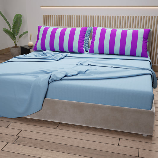 Lenzuola in Cotone, Completo Letto con Federe in Stampa Digitale Righe Viola/Celeste