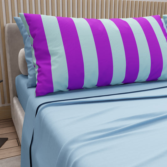 Lenzuola in Cotone, Completo Letto con Federe in Stampa Digitale Righe Viola/Celeste