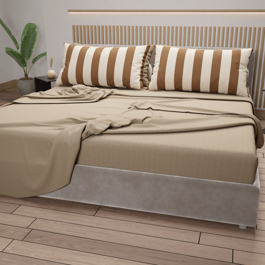 Lenzuola in Cotone, Completo Letto con Federe in Stampa Digitale Righe Marrone/Beige.