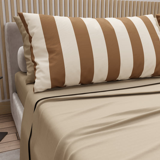 Lenzuola in Cotone, Completo Letto con Federe in Stampa Digitale Righe Marrone/Beige.