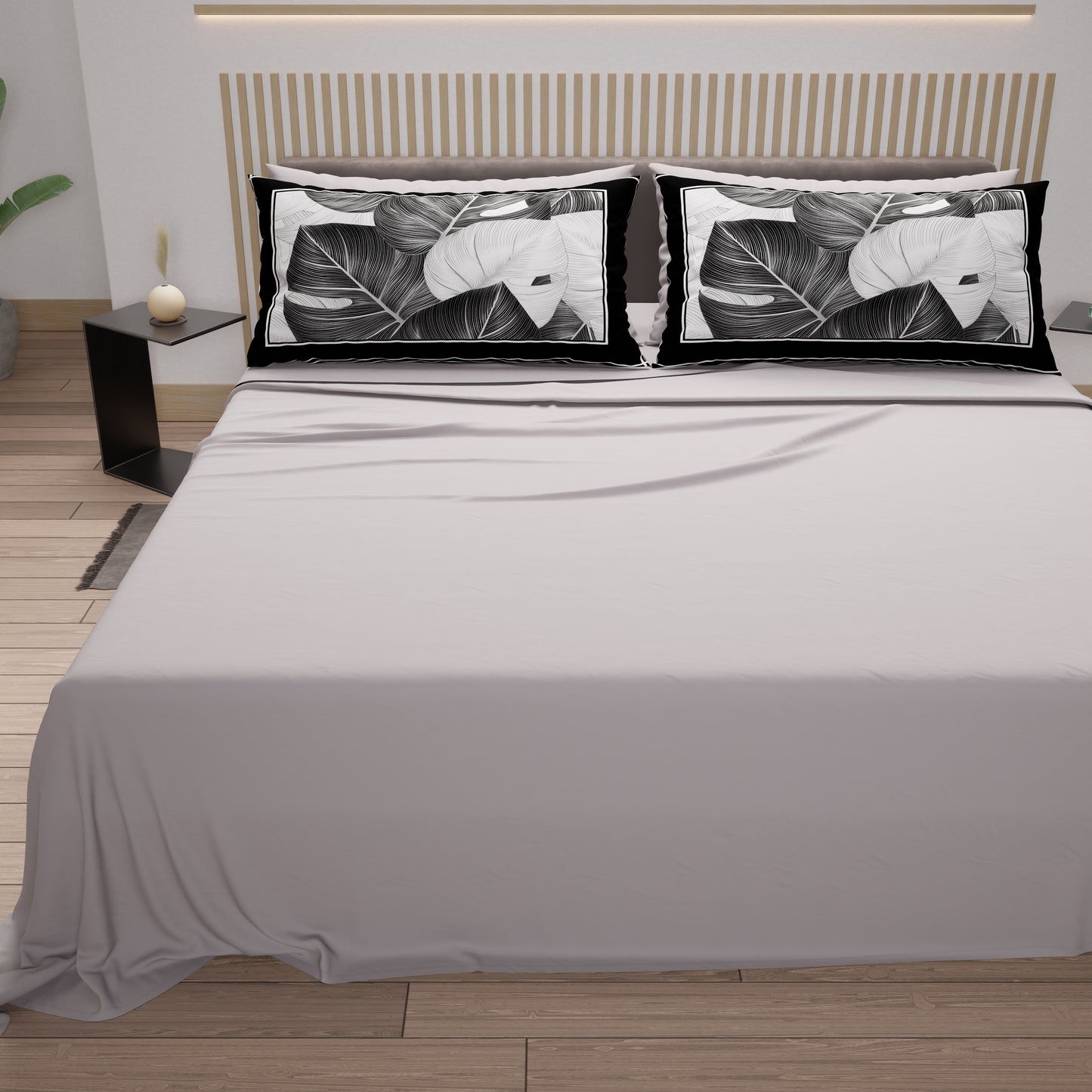 Lenzuola in Cotone, Completo Letto con Federe in Stampa Digitale Tropical Nero-Argento