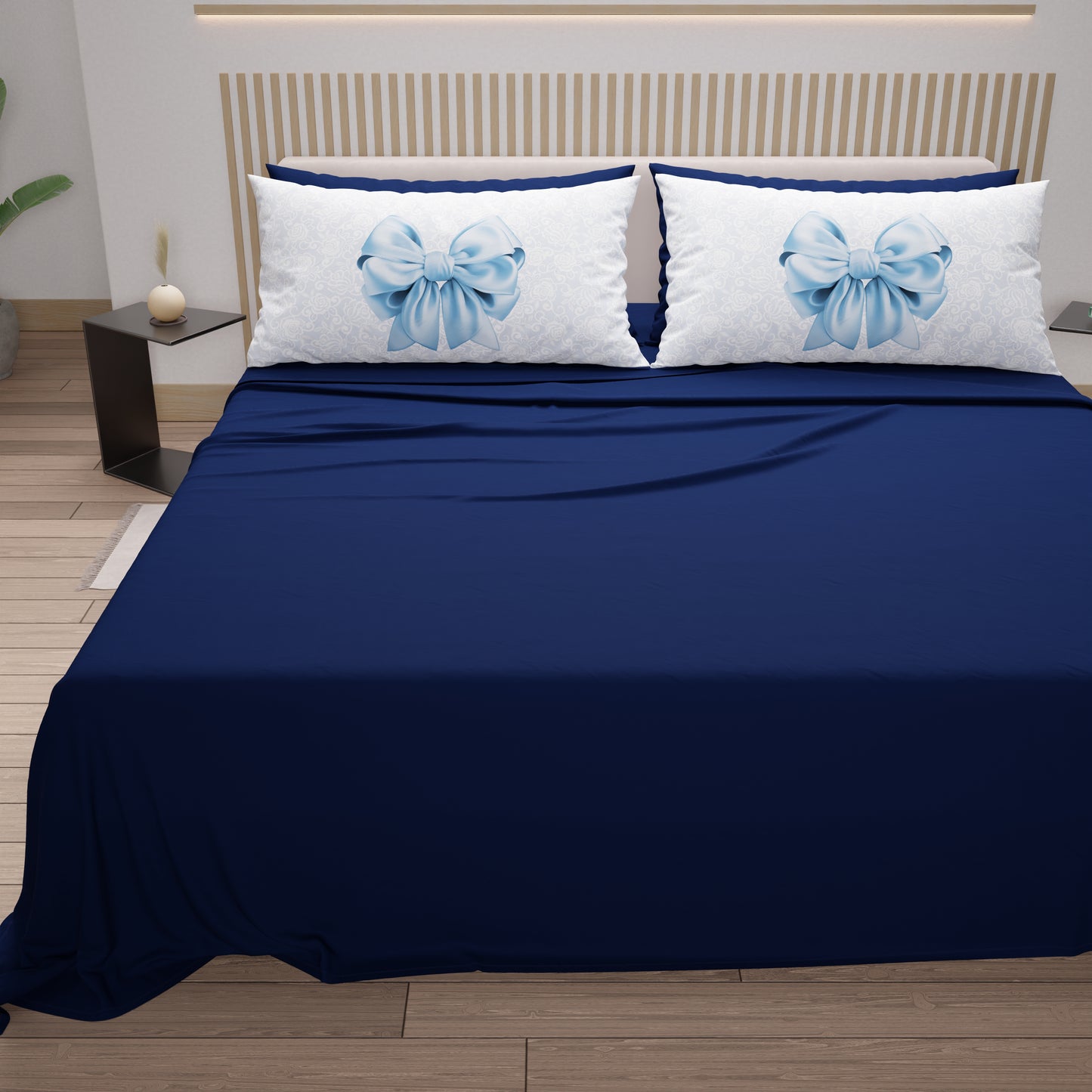 Lenzuola in Cotone, Completo Letto con Federe in Stampa Digitale Fiocco Celeste