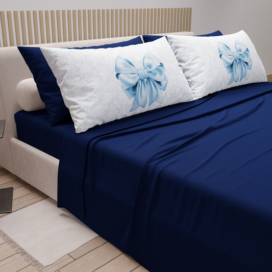 Lenzuola in Cotone, Completo Letto con Federe in Stampa Digitale Fiocco Celeste