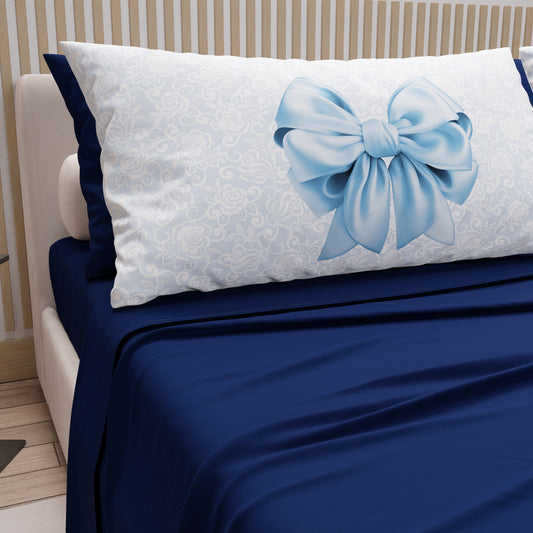 Lenzuola in Cotone, Completo Letto con Federe in Stampa Digitale Fiocco Celeste