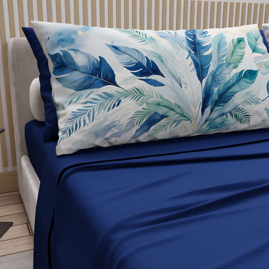 Draps en coton, Parure de lit avec taies d'oreiller en impression numérique Palmwater Bleu