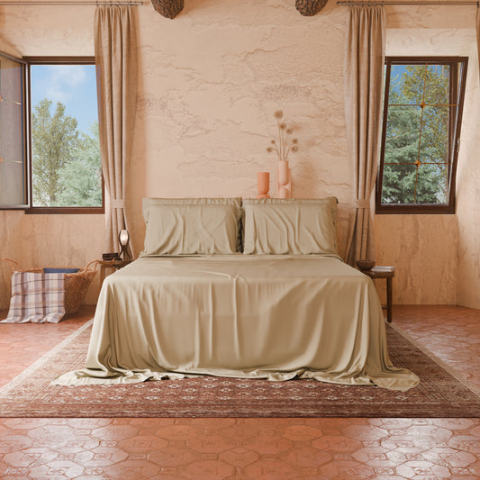 Draps Uni en Satin de Coton Beige