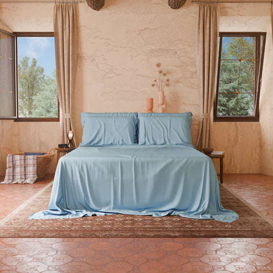 Draps Uni en Satin de Coton Céleste