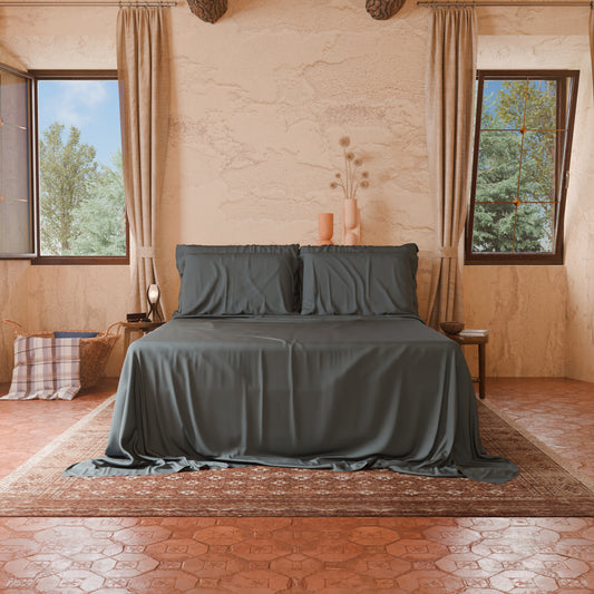 Draps Uni en Satin de Coton Gris Fumée