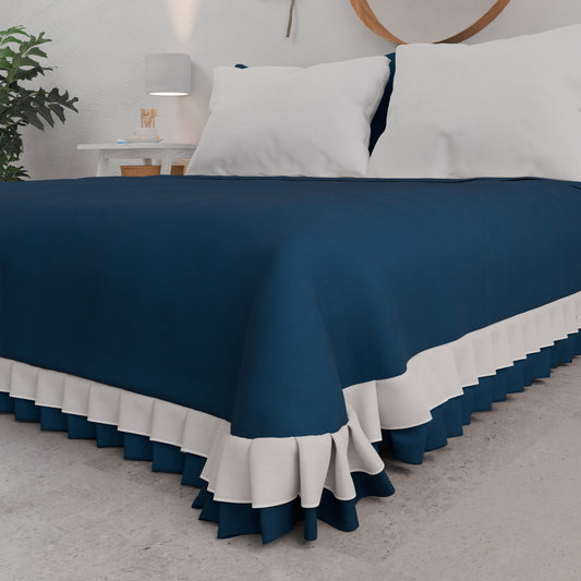 Copriletto Matrimoniale Estivo, Copriletto con Doppio Volant, Blu Notte