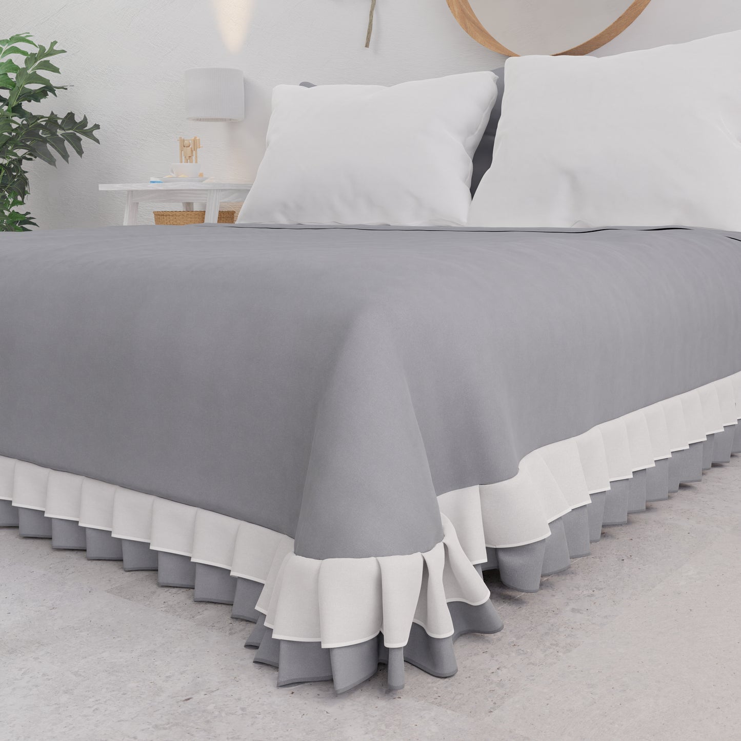 Summer Double Bedspread, Bedspread with Double Ruffles, Grey