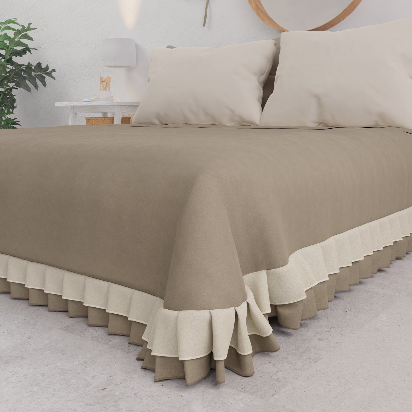 Couvre-lit double d'été, couvre-lit avec double volant, taupe