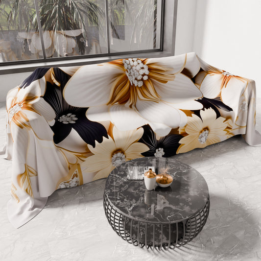 Telo Arredo Copridivano, Copriletto, Copritavolo e Copritutto in Microfibra | Fantasia Flower Ceramic Nero