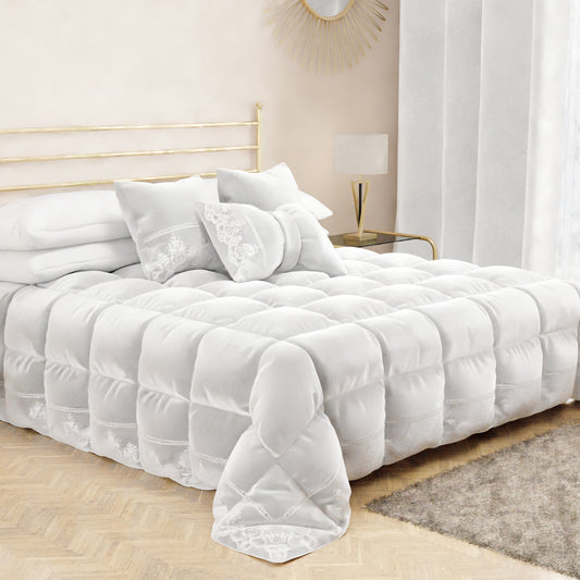 Cuscino Arredo Fiocco in Velluto e Balza con Pizzo Rebrodè 40x50 cm, Cuscino divano Bianco By Sissy