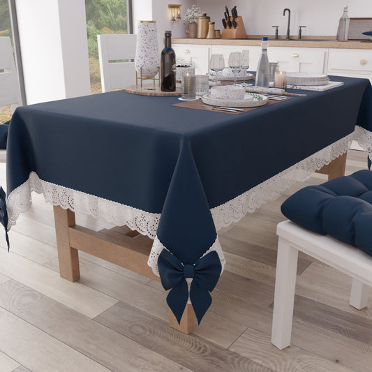 Tovaglia da Tavola Shabby Chic Copritavolo con Pizzo e Fiocchi Blu Notte