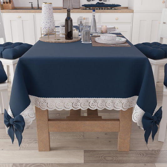 Tovaglia da Tavola Shabby Chic Copritavolo con Pizzo e Fiocchi Blu Notte