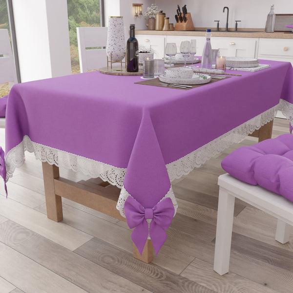 Tovaglia da Tavola Shabby Chic Copritavolo con Pizzo e Fiocchi Malva Intenso