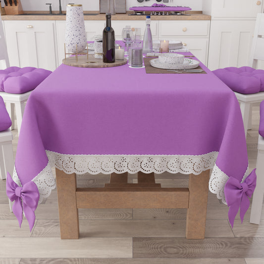 Tovaglia da Tavola Shabby Chic Copritavolo con Pizzo e Fiocchi Malva Intenso