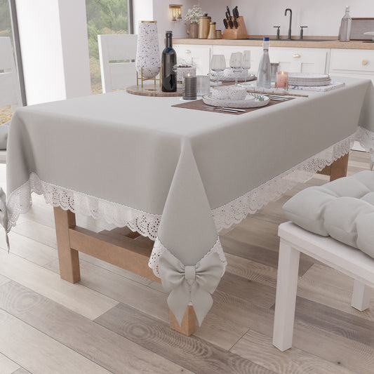 Tovaglia da Tavola Shabby Chic Copritavolo con Pizzo e Fiocchi Grigio Chiaro
