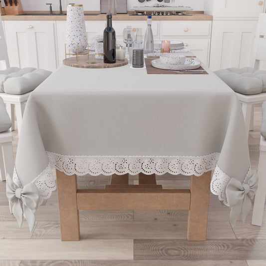Tovaglia da Tavola Shabby Chic Copritavolo con Pizzo e Fiocchi Grigio Chiaro